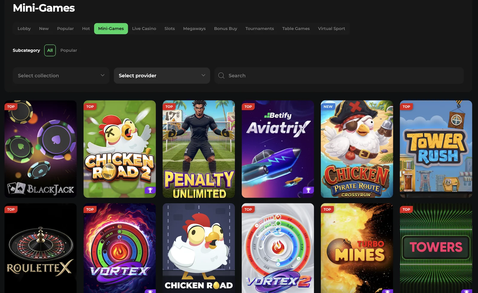 Mini-Games Auswahl bei Betify mit BlackJack, Chicken Road 2, Penalty Unlimited, Betify Aviatrix, Chicken Pirate Route, Tower Rush, RouletteX, Vortex, Turbo Mines und weiteren exklusiven Spielen