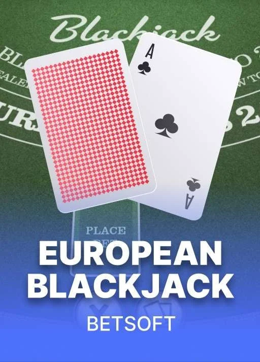 Ein grüner Filz-Blackjacktisch mit zwei Spielkarten Ass und Acht, aus dem European Blackjack von Betsoft
