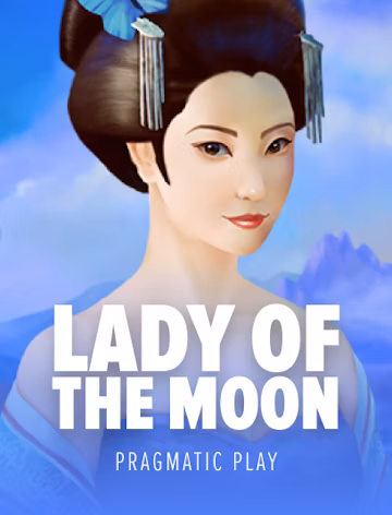 Asiatische Geisha in einem traditionellen blauen Kimono mit eleganten Haarschmuck, aus dem Slot Lady of the Moon von Pragmatic Play
